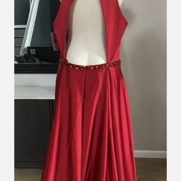 JVN by Jovani 22W red satin beaded illusion neck line formal prom NWT - Picture 6 of 8